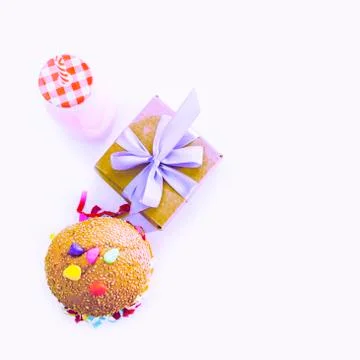 Surrealism Festive composition drinks snacks holiday hamburger cookie tinsel  Stock Photos