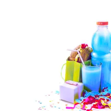 Surrealism Festive composition drinks snacks holiday hamburger cookie tinsel  Stock Photos