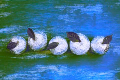 Surrealism Five apples in the shell foil with natural green leaves. Stock Photos