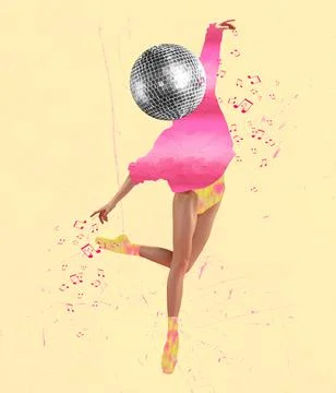 Surrealism. Young female dancing ballerina headed with disco ball in colored Stock Photos