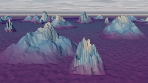 A surrealistic 3d rendering of a white, blue and violet landscape with snowy  Stock Illustration