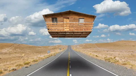 Surrealistic house floating over highway  Stock Footage 45578057