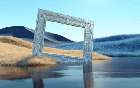 Surrealistic landscape and a frame. Perspective and vision concept. Stock Illustration