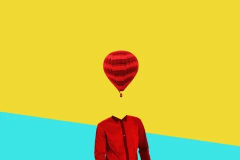 Surrealistic minimal concept. A balloon instead of a human head. Minimalism and Illustrazione stock