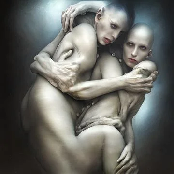 Surrealistic portrait of two white skinned humanoids embracing Stock Illustration