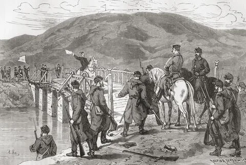 Surrender of the Turkish army, on the bridge over the Vit River at the end of th Ilustração Stock