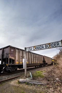 Surrey, Canada - Mar 29, 2020: BNSF Rail cars Soutbound at Canada USA border Stock Photos