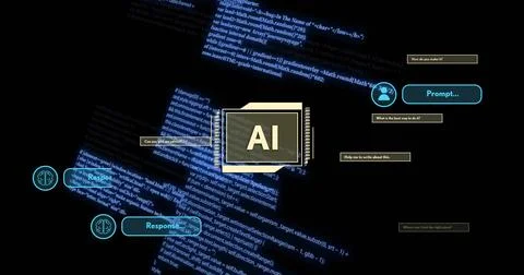 Surrounded by digital code and chat bubbles, AI chip representing artificial Foto stock