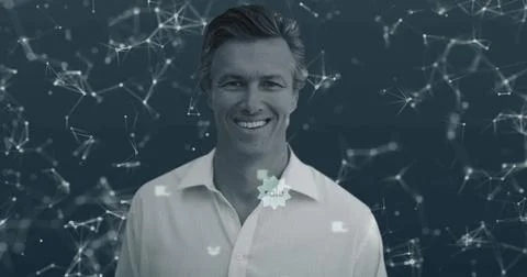 Surrounded by digital network graphics, smiling man in white shirt looking Stock Illustration