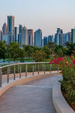 Surrounded by the Doha skyline in the evening in Qatar Fotos de archivo