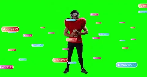 Surrounded by floating data tags, American football player wearing red jersey Stock Footage 305715370