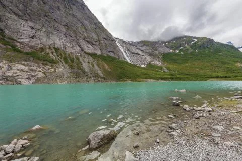 The surroundings of the lake of the Briksdalsbreen Stock Photos