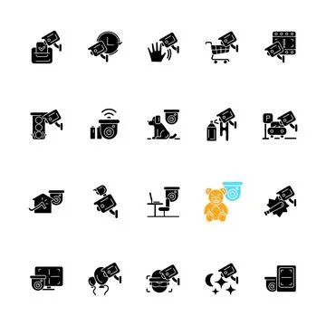 Surveillance and security systems black glyph icons set on white space Stock Illustration