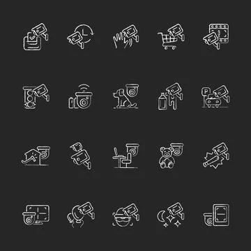 Surveillance and security systems chalk white icons set on dark background Stock Illustration