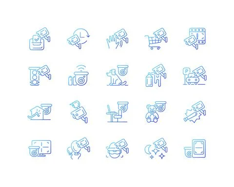 Surveillance and security systems gradient linear vector icons set Stock Illustration