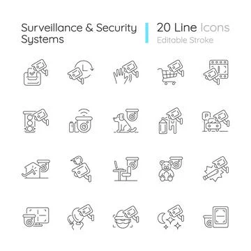 Surveillance and security systems linear icons set Stock Illustration