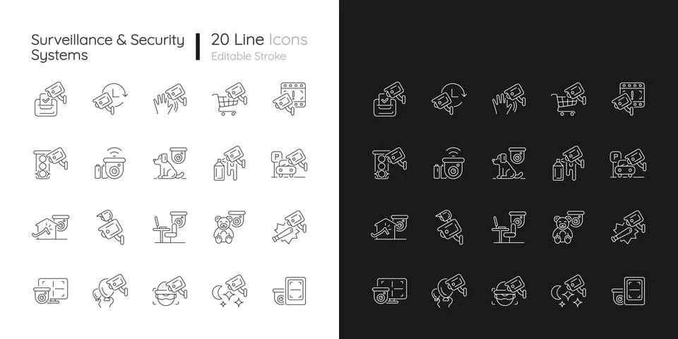 Surveillance and security systems linear icons set for dark and light mode Stock Illustration