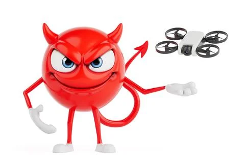 Surveillance And Technology Temptation Concept. Red Devil Cartoon Character.. Stock Illustration