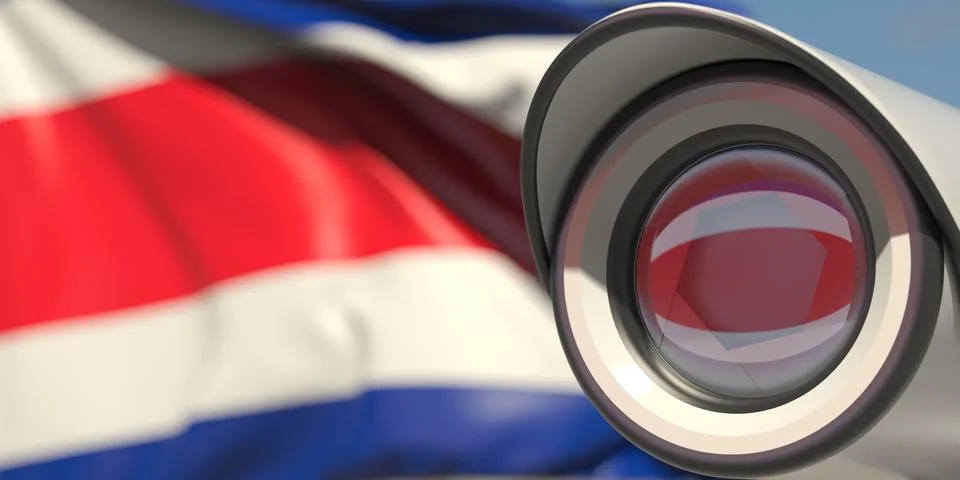 Surveillance camera and flag of Costa rica. National security system concept. 3D Stock Illustration