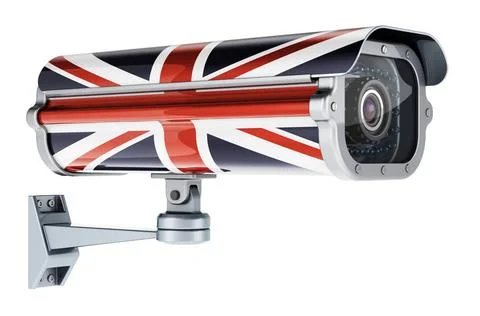 Surveillance camera with British flag. 3D rendering Surveillance camera wi... Stock Photos