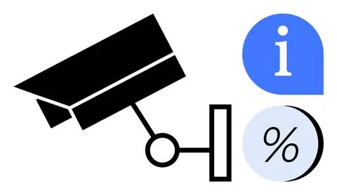 Surveillance camera capturing scene, alongside blue info icon and percentage  Ilustración de archivo