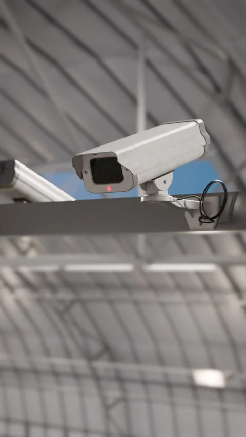 Surveillance camera CCTV movement inside modern building with gray walls Stock Footage 323326778