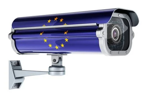 Surveillance camera with the EU flag. 3D rendering Surveillance camera wit... Stock Photos