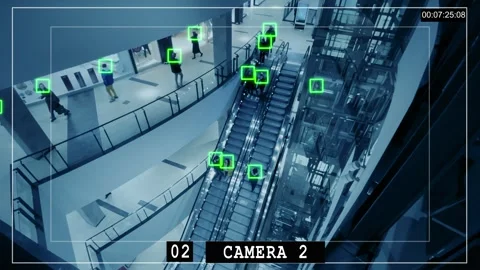 Surveillance camera interface that scans people's faces in a public place Stock Footage 287168887