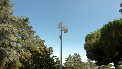 Surveillance camera on pole with trees and clear sky backdrop Stock Footage 327138532