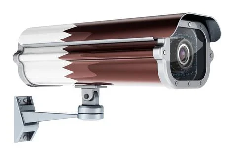 Surveillance camera with Qatari flag. 3D rendering Surveillance camera wit... Foto stock