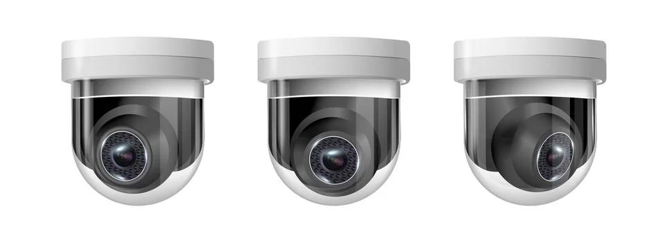 Surveillance camera round white circular view of the hanging fixture. Security Stock Illustration