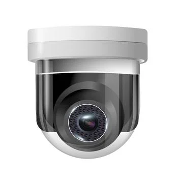 Surveillance camera round white circular view of the hanging fixture. Security Stock Illustration