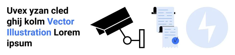 Surveillance camera, stack of documents with verification checkmarks, and sec Stock Illustration