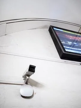 Surveillance camera under ceiling in subway Stock Photos