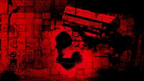 Surveillance CCTV Security Camera on Red Grunge Wall - Dark Cyberpunk Loop .. Stock Footage 316467549