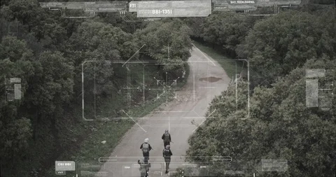 Surveillance drone camera view of terrorist squad walking with weapons Video stock 106680908