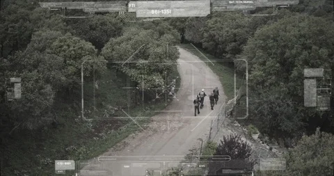 Surveillance drone camera view of terrorist squad walking with weapons Vidéo 106680911