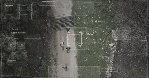 Surveillance drone camera view of terrorist squad walking with weapons Video stock 106680959