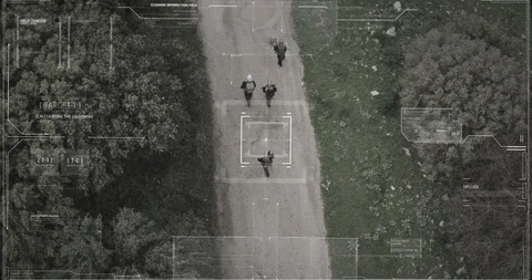 Surveillance drone camera view of terrorist squad walking with weapons Vidéo 106681016