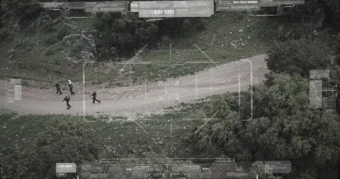 Surveillance drone camera view of terrorist squad walking with weapons Vidéo 106681075
