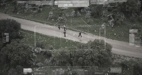 Surveillance drone camera view of terrorist squad walking with weapons Video stock 106681092