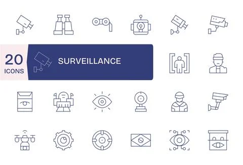 Surveillance Essential Vector Set including 20 Editable Thin Line 64x64 Icons Stock Illustration
