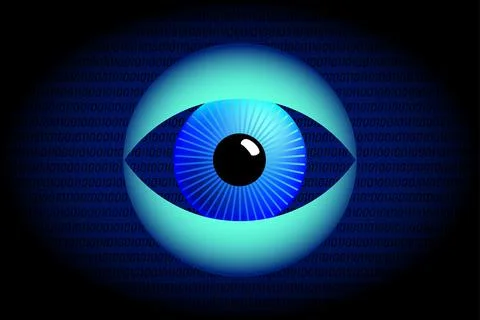 Surveillance eye and Big Data symbol, in front of a dark blue background 스톡 일러스트