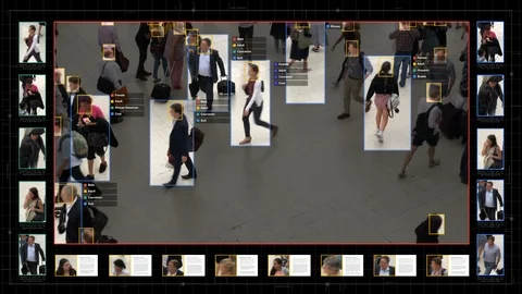 Surveillance interface using AI and facial recognition. Stock Footage 96713503