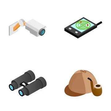 Surveillance investigation tools set with security camera and detective hat Stock Illustration