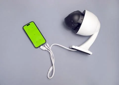 Surveillance IP Wireless Camera, Chroma Key Green Screen of Smartphone On Gray Stock Photos