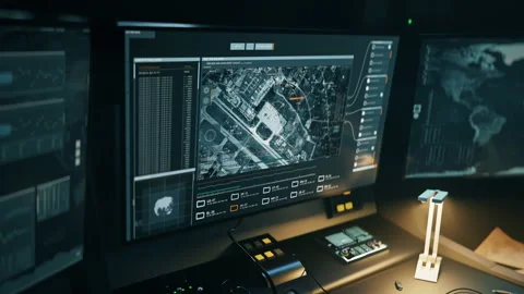 Surveillance Program In Military Mission Control Computer Detects Enemy Position Video stock 220469360