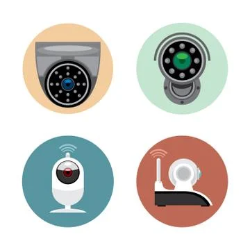 Surveillance recording security camera set flat style. Remote controled cand Stock Illustration