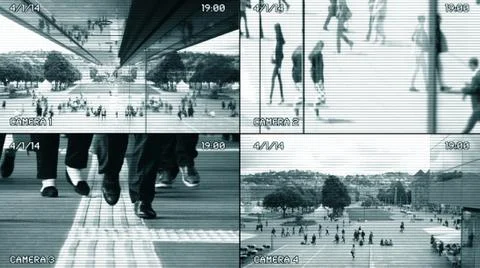 Surveillance security camera control system watching pedestrians walking on city Stock Photos