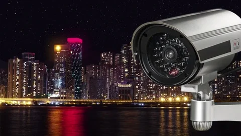 Surveillance Security Camera or CCTV over Hong Kong night city, stars timelapse Video stock 83231562